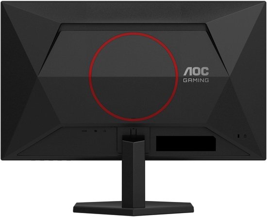 Zwarte monitor achterkant met rode cirkel en 'AOC GAMING' logo.
