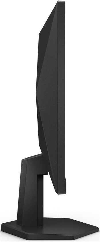 Zijaanzicht van een zwarte monitor met verstelbare standaard.
