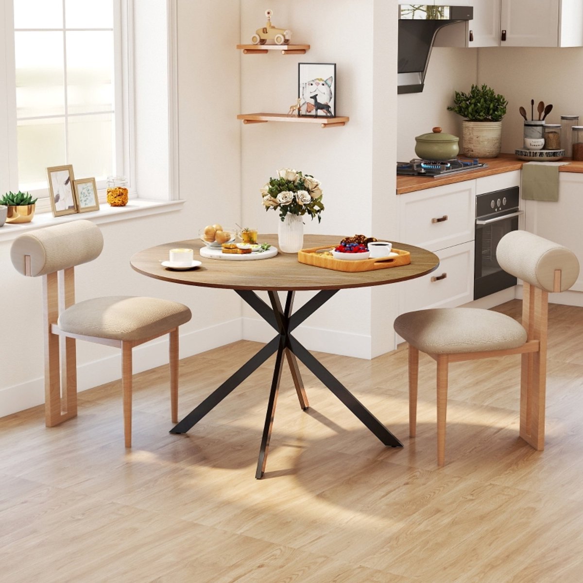 MODFU Ronde eettafel met X-vormige stalen poten – Industriële stijl voor 4 personen – Hout en staal – Eikenkleur Ø120x75 cm