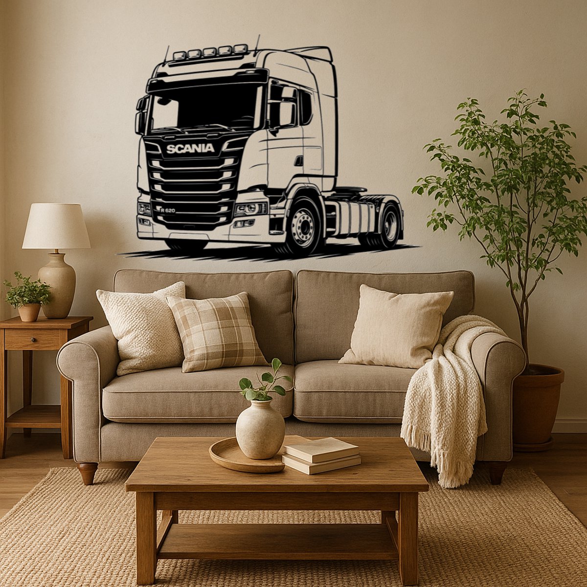 Scania R 620 houten wanddecoratie van MDF – gedetailleerd truck silhouet, lasergesneden muurkunst voor mancave, garage of kantoor en uniek cadeau voor vrachtwagenliefhebbers, chauffeurs en Scania fans