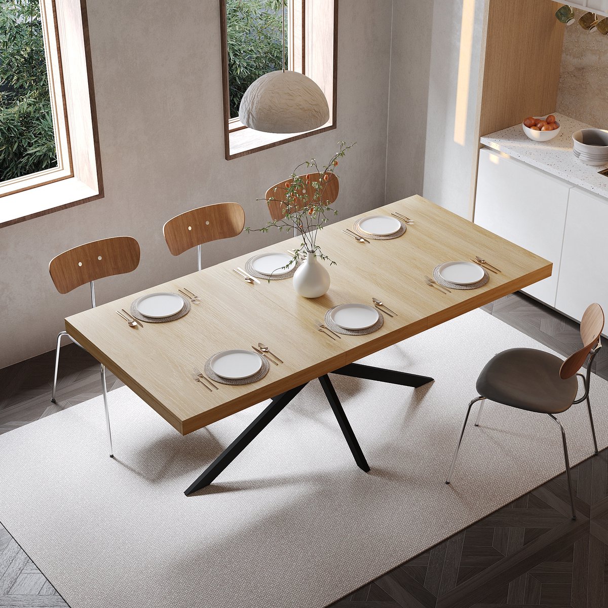 MODFU Uitschuifbare Eettafel - Verborgen Opbergruimte - Industrieel - Voor Eetkamer - MDF En Metaal - Naturel - 140-180 X 80 X 76 Cm