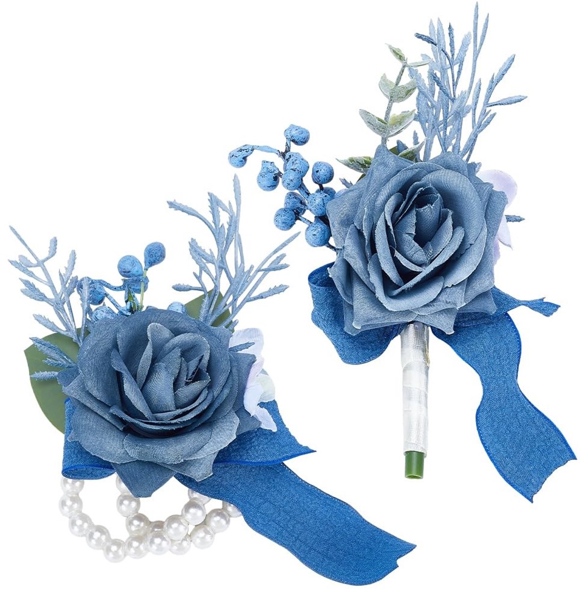 Dailygoods - Innovra - Dailygoody - Bloem Pols Corsage - Blauwe Rozen - Perfect voor Bruiloften - Elegant en Rustiek - Ideaal voor Vintage Bruiloften - Corsage Met Groene Bl