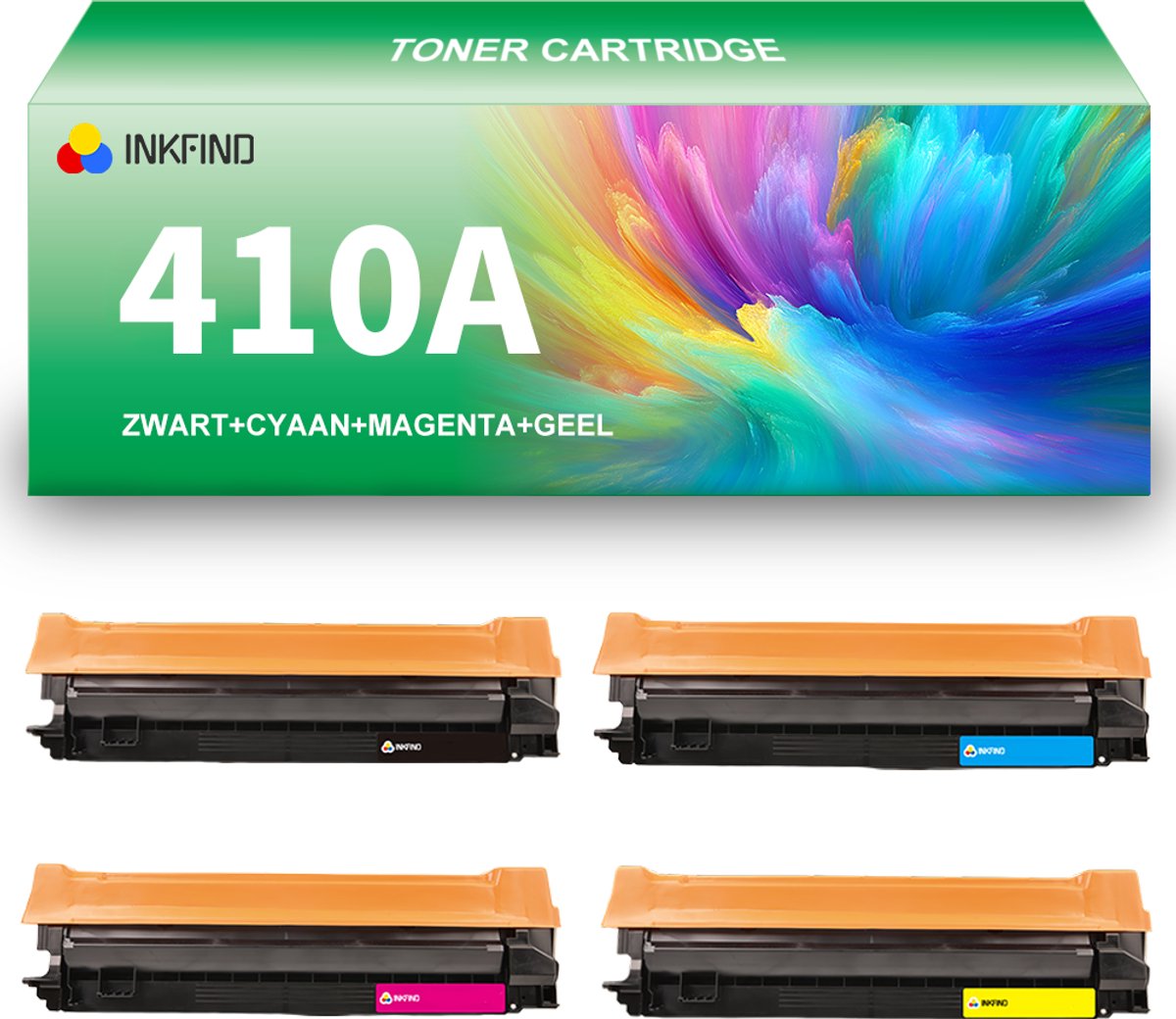 INKFIND 410A (CF410A-CF411A-CF412A-CF413A) tonercartridge multipack van 4 stuks (Zwart+Cyaan+Magenta+Geel) compatibel met HP 410A (CF410A-CF411A-CF412A-CF413A) tonercartridge -4-pack BK/C/M/Y