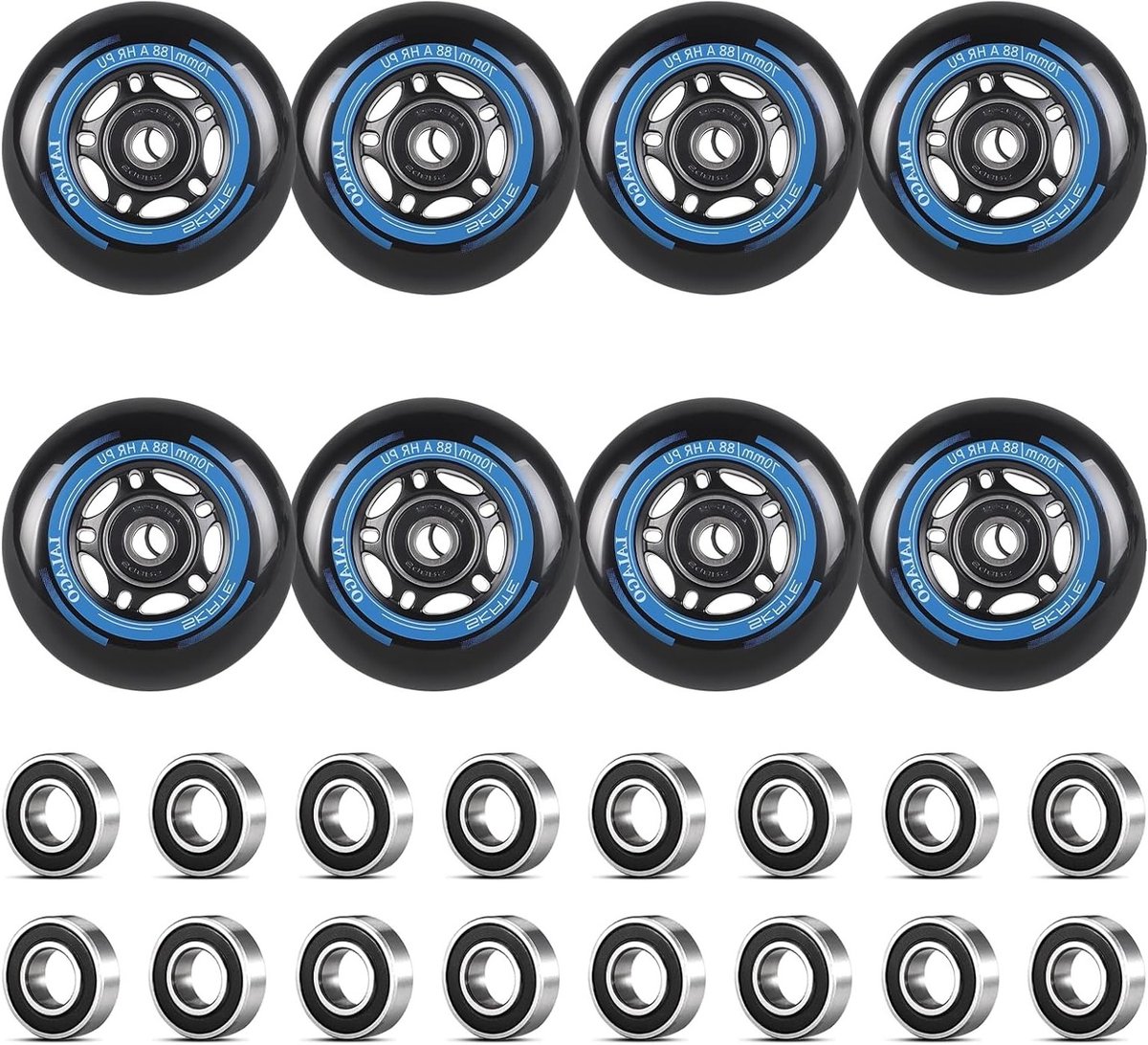 Set van 8 Inline Skate Wielen 70 mm 88A met ABEC 9 Lagers voor Binnen en Buiten Geschikt voor Rollerblades en Skates