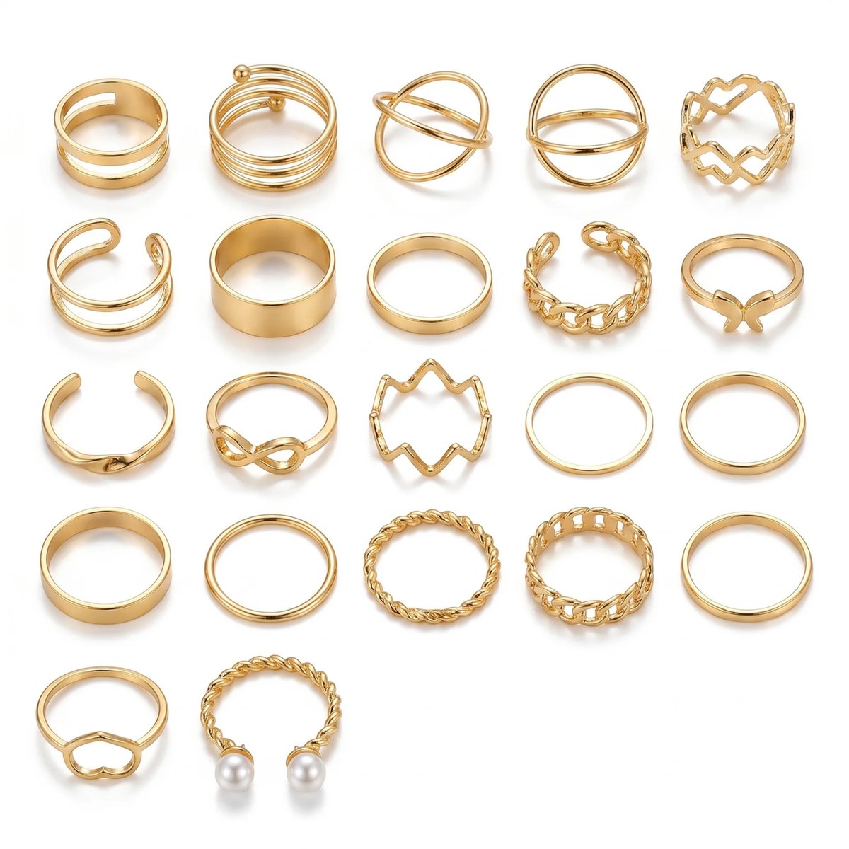 Studio Aurélie Ringen set - Goudkleurig - Zirkonia 22-delig - imitatieparel - Dames Sieraad - Vrouwen Juwelen