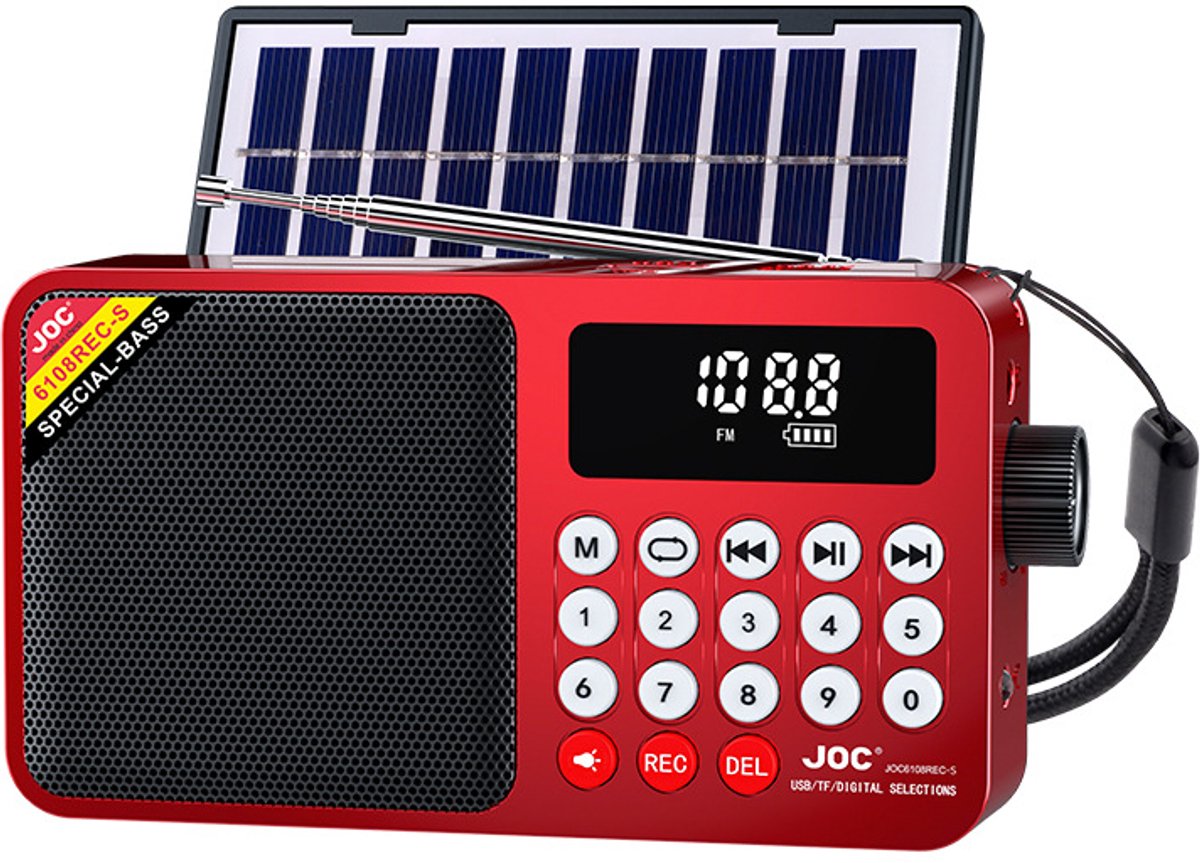Multifunctionele Bluetooth Radio met Zonnepaneel, FM, MP3 via TF/USB, Recorder, Zaklamp, Draagbare Speaker - rood