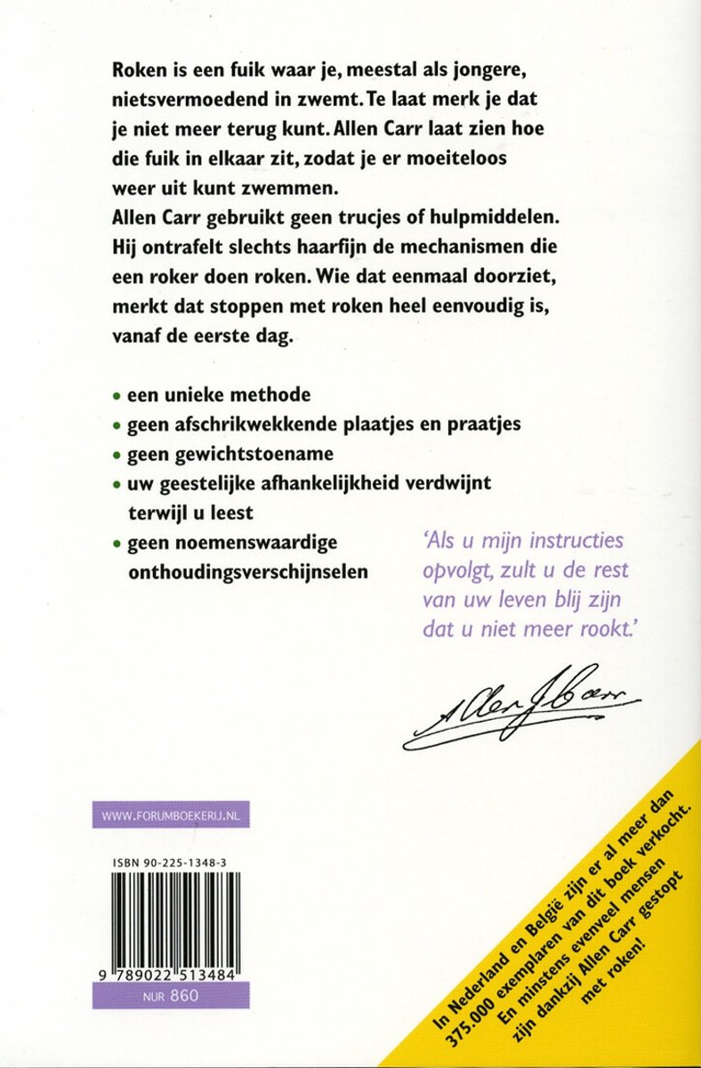 Achterkant boek met tekst over de methode van Allen Carr om te stoppen met roken, handtekening en ISBN.