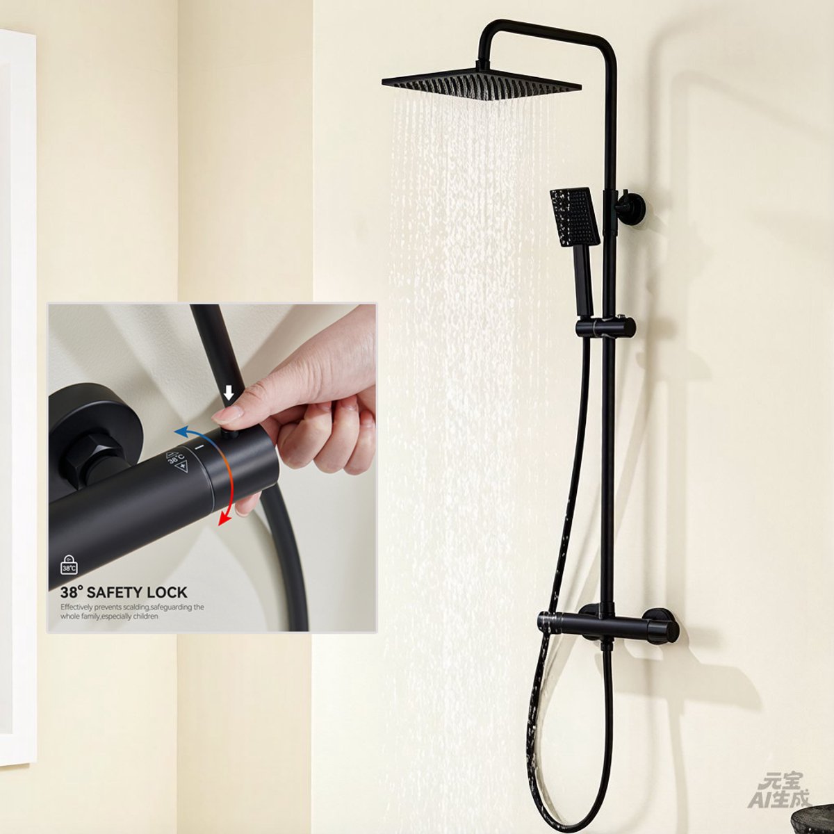 Sofetiy Max Regendouche met Thermostaatkraan - RVS Doucheset - Ø25 cm Douchekop - Regendoucheset - Verstelbare Hoogte 88-124 cm - Inclusief thermostaatkraan - Zwart