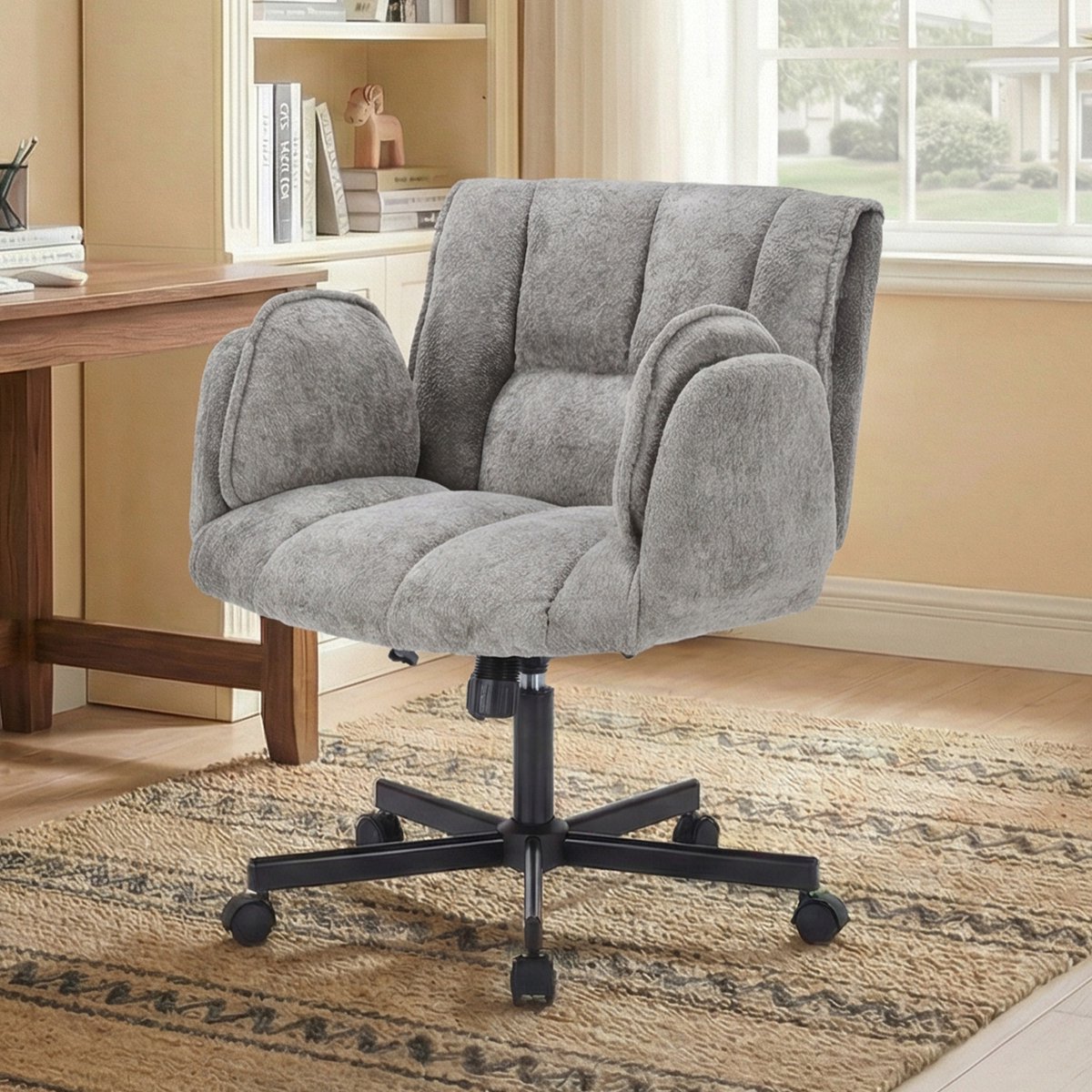Ergonomische Bureaustoel - Fauteuilstoel - Opklapbare Armleuningen - Brede Verdikte Zitting - Verstelbare Opblaasbare Lendensteun - 360° Draaibaar met Stille Wielen - Computerstoel/Studeerstoel/Make-upstoel-Grijs