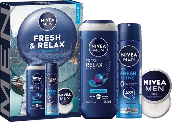 NIVEA MEN Fresh & Relax cadeauset met douchegel, deodorant en crème. De verpakking toont een berglandschap met meer.