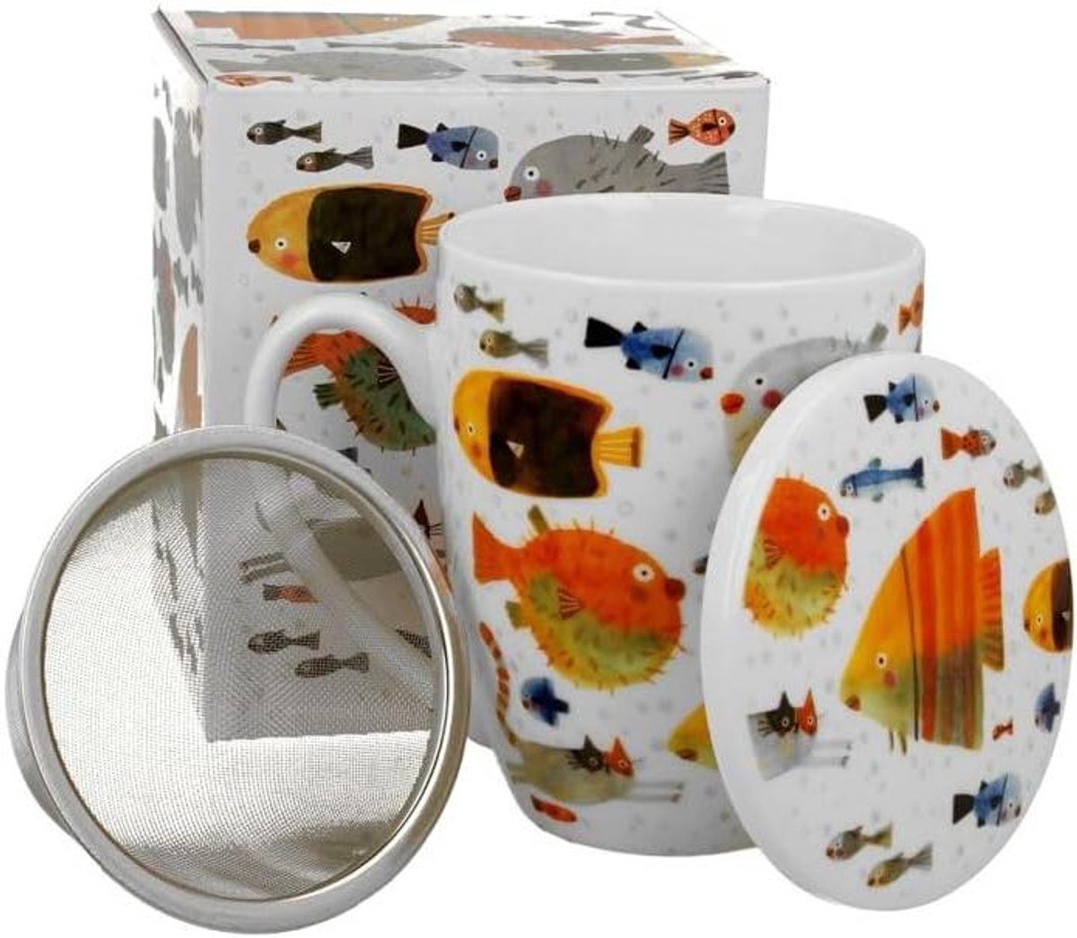 Theebeker met zeef - Mok met deksel - Thee Zetten - Animals Fish design - 036 liter - Wit