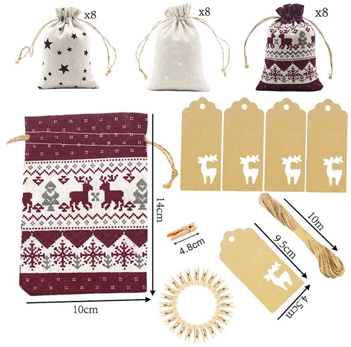 Dailygoods - 24 Stuks Jute Snoepzakjes voor Adventskalender