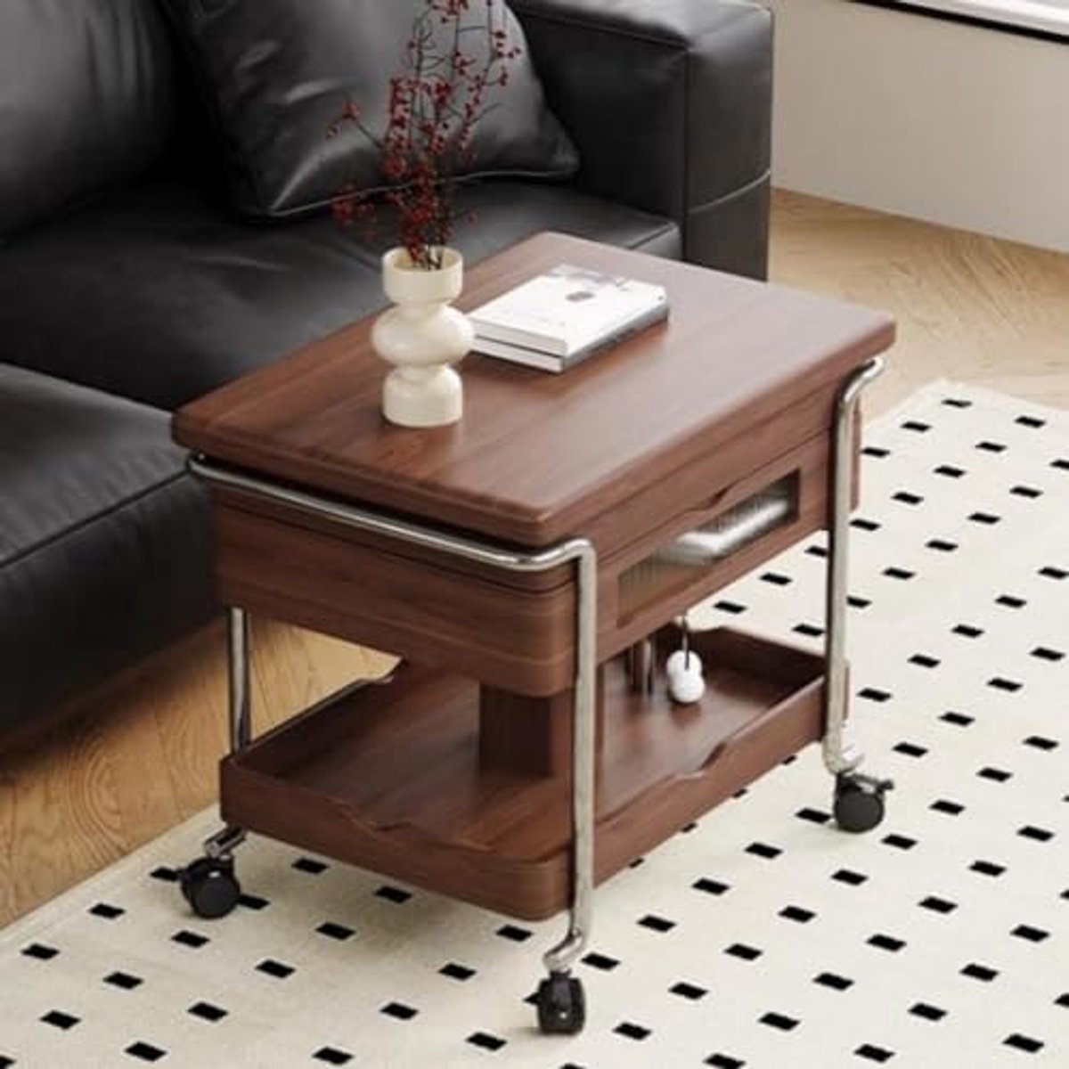 Serveertrolley Barkar op Wielen met Lade – Walnoot & Industrieel Metaal – 2-Laags Keuken- en Thuisbar Trolley met Verborgen Opberglade – Luxe Mobiele Drankwagen voor Woonkamer & Kleine Ruimtes – Mobili Bella