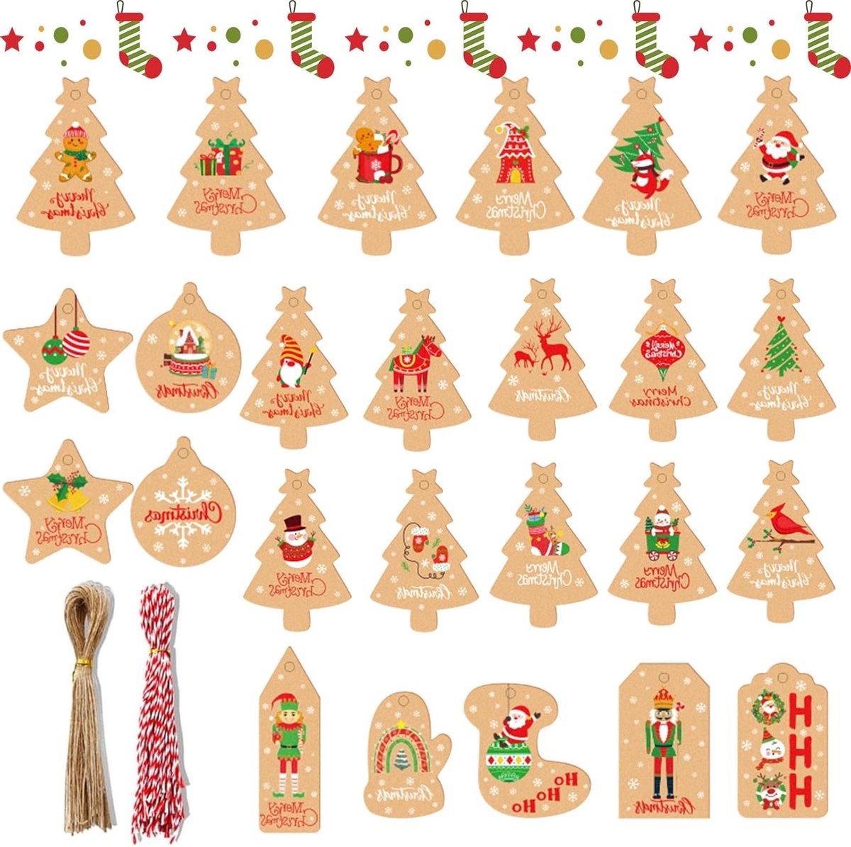 100 Stuks Kraft Papieren Kerst Cadeau Labels voor Decoratie, Kerstboom, Sterren en Sokken met Touw