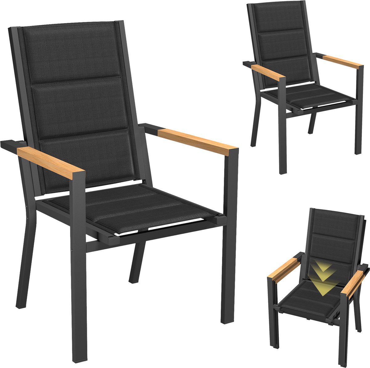 Devoko Aluminium Tuinstoelen 2x -Tuinstoel met armleuningen in houtnerfstructuur - Teslinstof + sneldrogend katoen - Stapelbaar - Hoge rugleuning - Versterkte boogconstructie-65x58x99 cm-160 kg-Geschikt voor kamperen, terrassen en tuinen-Donkergrijs