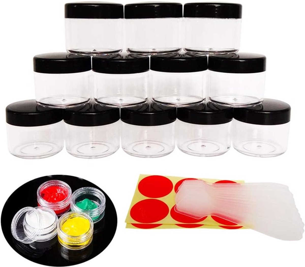 Set van 12 Reisinstrumenten: 20ml Plastic Potjes met Zwarte Deksels voor Cosmetica, Make-up Monsters en Toilettas Accessoires