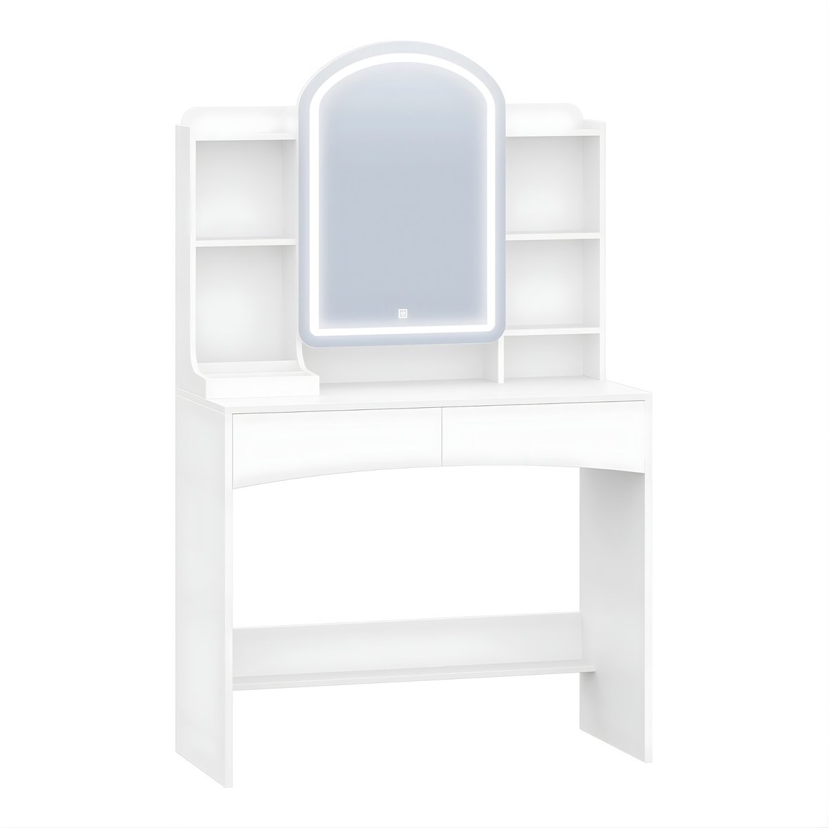 Happiq Kaptafel – Voor Slaapkamer & Dressing – Met Ronde Spiegel, LED-Verlichting en Verborgen Sieradenplank – Wit White