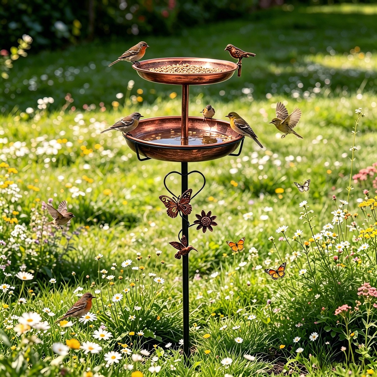 unho 2-in-1 Vogelbad en Vogelvoederhuisje op Voet - Antiek Brons Metaal - Weersbestendig Voederstation Buiten met 5-Poot Grondpen - 118 cm Hoog