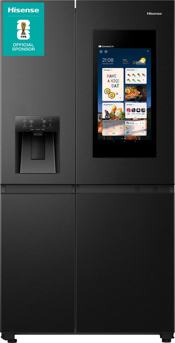 Hisense RS9P628GPFE - Amerikaanse koelkast - Energielabel E - Vaste Wateraansluiting - Water- & ijsdispenser - Metal Tech Cooling - No Frost - Zwart - Multi-Air Flow - Super Cool - Fast Freeze - 38dB (A) - Inverter Compressor - 614 Liter
