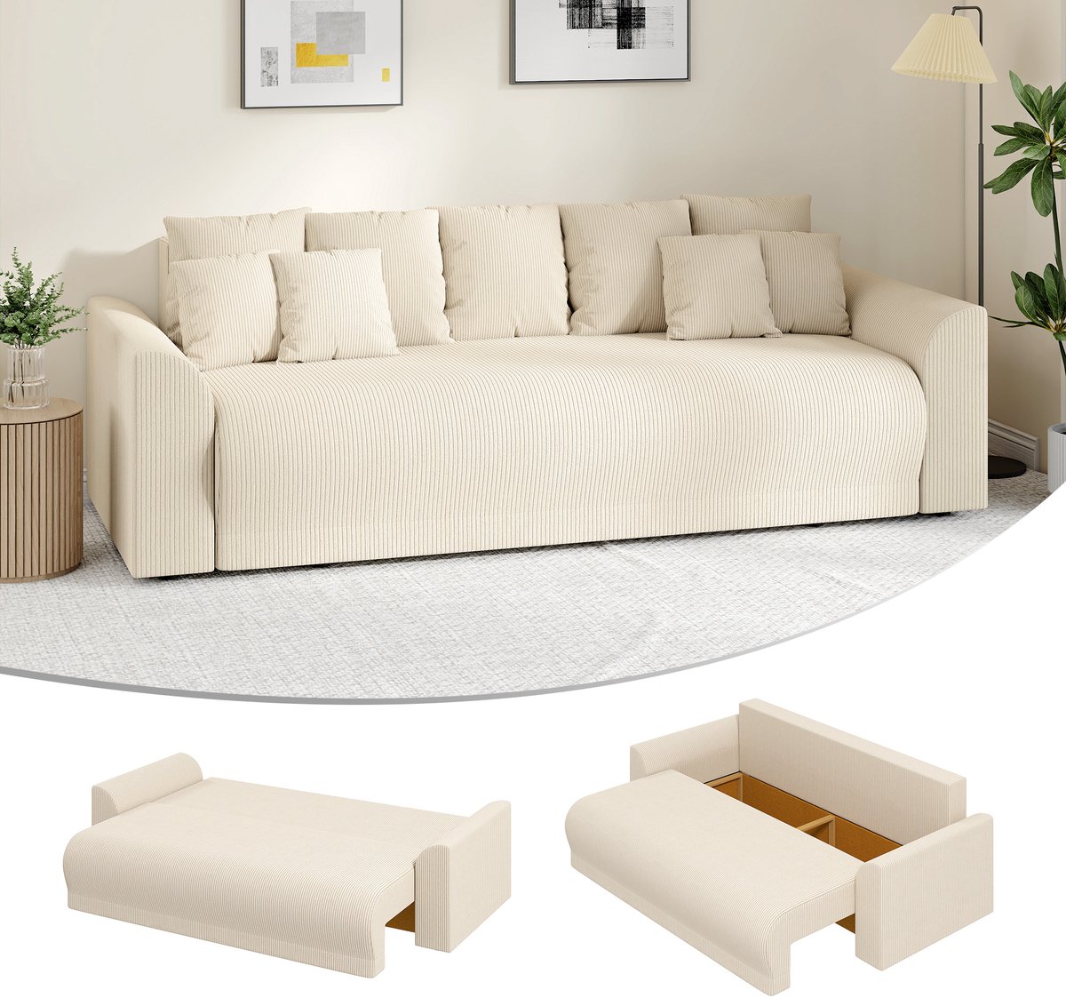 HOMCOM Sofa Bed-Cord (90 % Polyester, 10 % Nylon)-230L x 95B x 73H cm-Beige