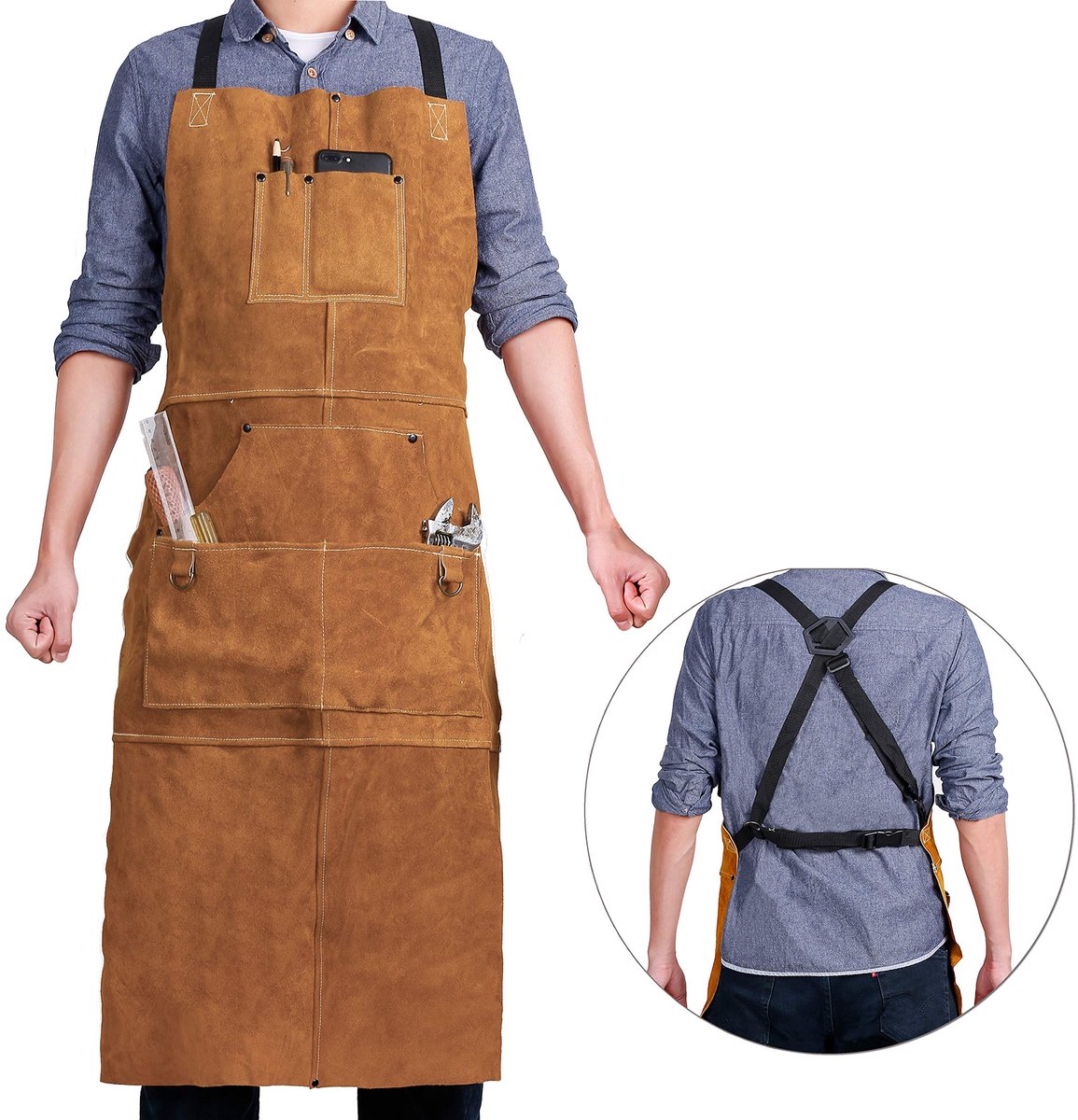 Hittebestendig leren lasschort met 6 vakken | Vlamvertragend werkschort voor heren | Verstelbaar M tot XXXL, geschikt voor smid, monteur en werkplaats-bruin — cadeau in Hobby - foto 5