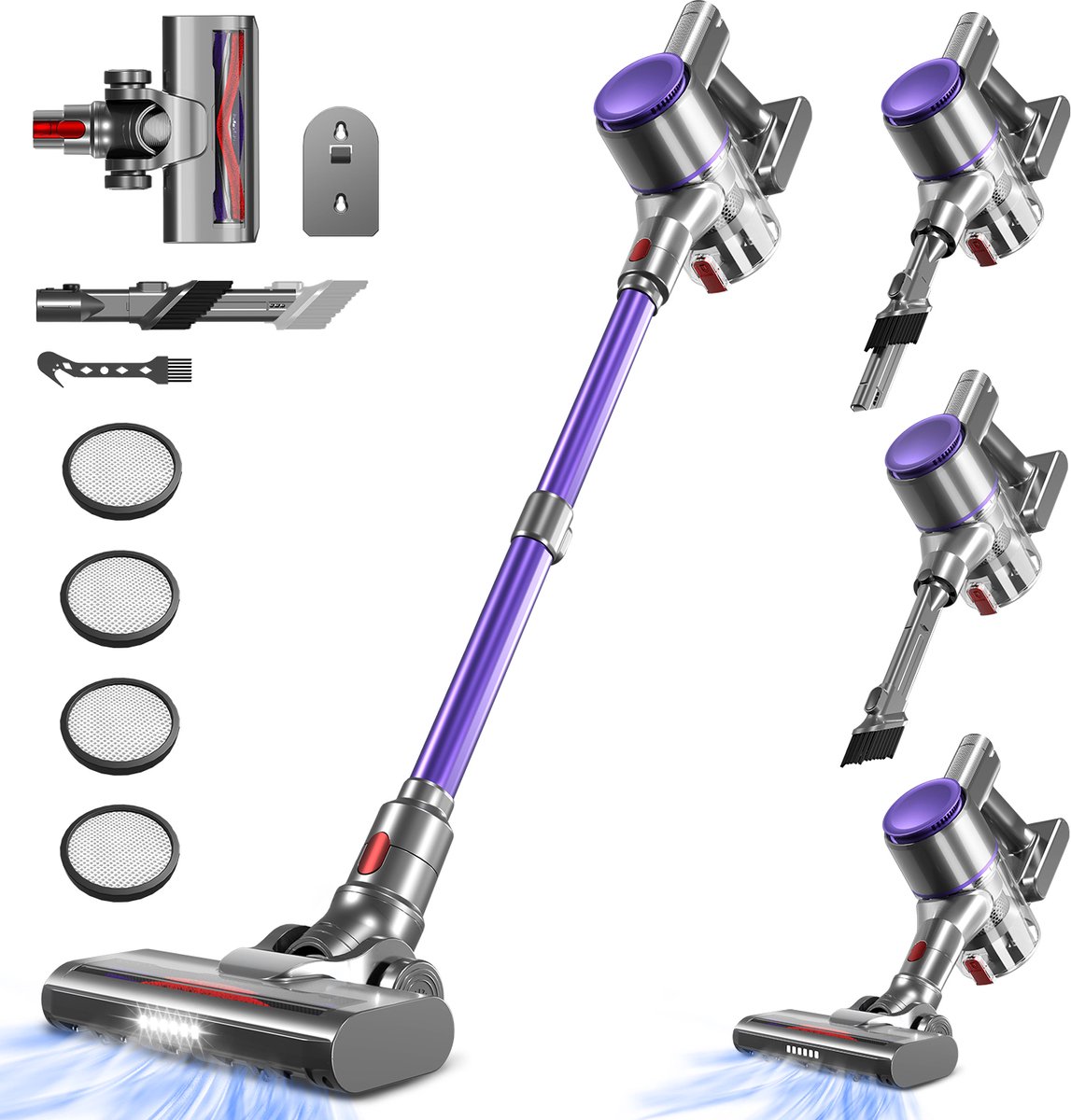 Elekiatech Steelstofzuiger- 46000Pa - 50 Minuten Gebruikstijd - 8 Kegel Filtersysteem Steelstofzuiger Draadloos - 1,5 L Stofbak - 2200 mAh Accu - voor Tapijten en Harde Vloere - Paars