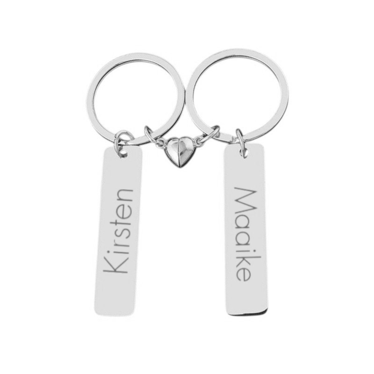 Naam Sleutelhanger Set met Magnetisch Hartje Zilver