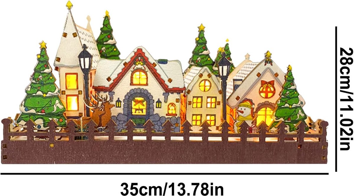 Kerstdorp Hout - Verlichte Huisjes - Feestelijke Decoratie - Complete Set - 35x28x5 cm - Niet gespecificeerd – foto 7