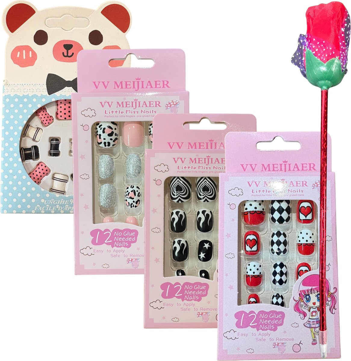 Kinder Plaknagels - Valse Nagels - 4 x 12 Stuks - Geen Lijm Nodig - Aardbeien