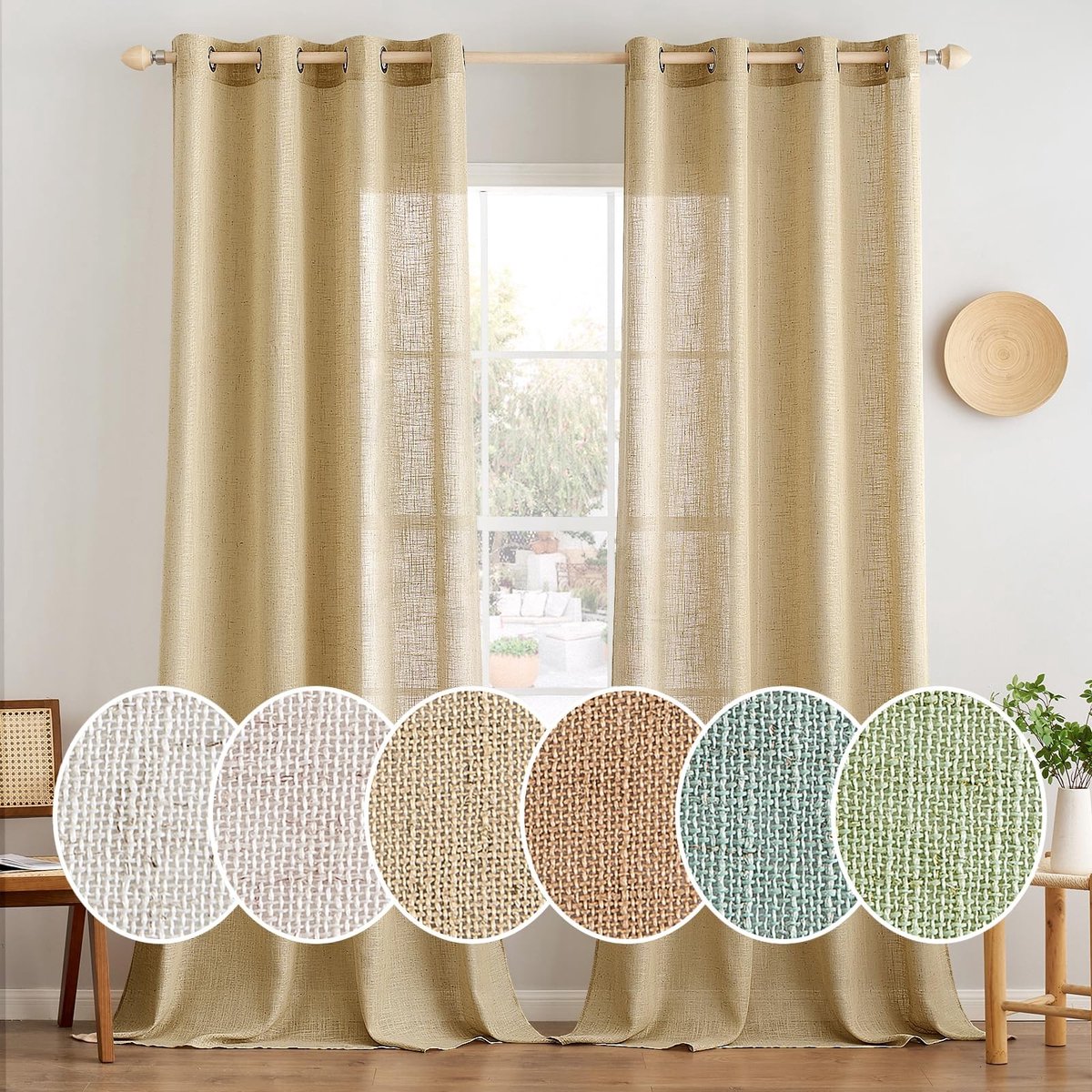Set van 2 Moderne, Half-Transparante Voile Gordijnen met Ringen in Linnenlook voor Woon- en Slaapkamer