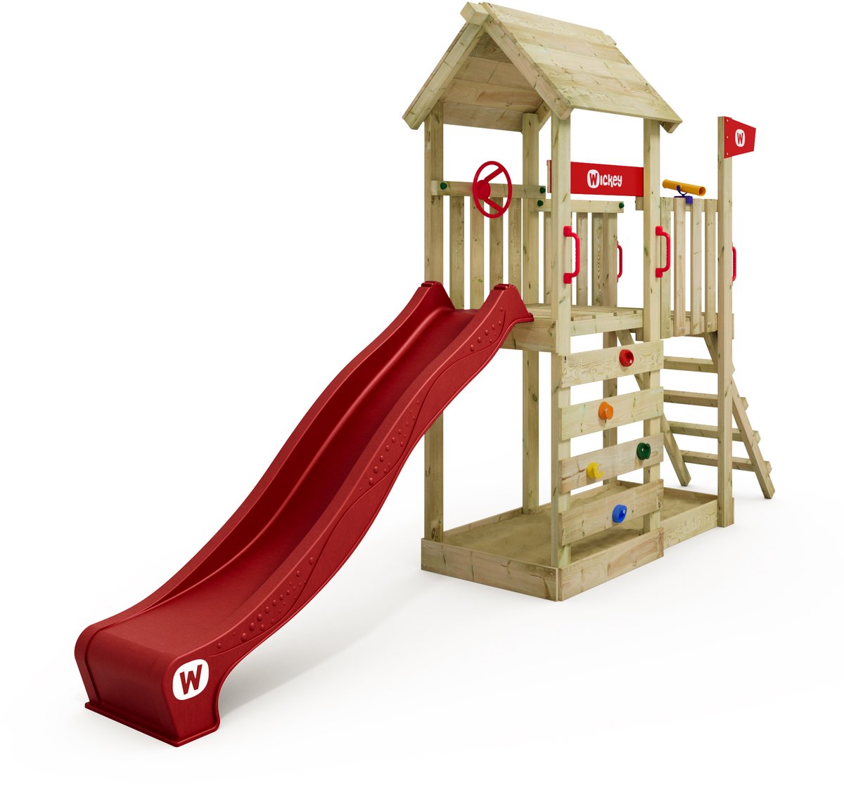 Wickey JoyFlyer Speeltoestel - Glijbaan met Houten Dak en Klimwand - Zandbak & Stuur - 429x84x263 cm - Rood