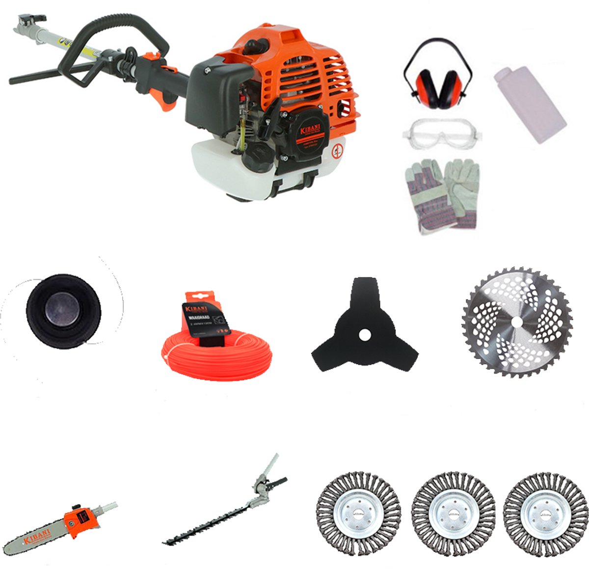 Kibani 6-in-1 Multitool incl 3 onkruidborstels- 52 cc - 1.9 PK 2-takt Benzine Motor - Heggenschaar - Kettingzaag - Grastrimmer - Maaidraad 100M - Onkruidborstel - Zaagblad - Maaidraad 100m - Bosmaaier - Combitool