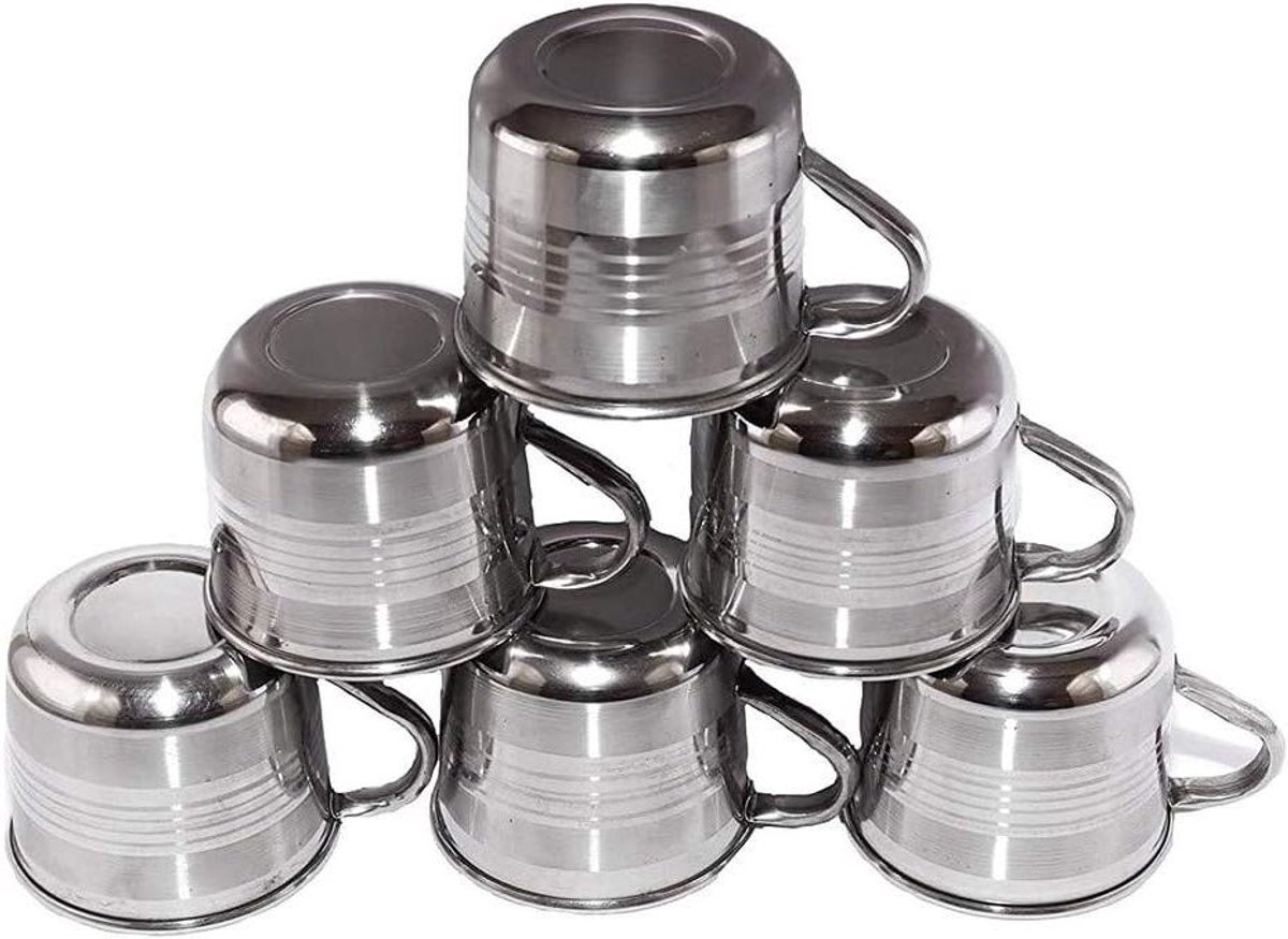 Thee Koffiebekers - Set van 6 - Dranken Serveren - Dubbelwandig RVS - 60 ml - Zilver