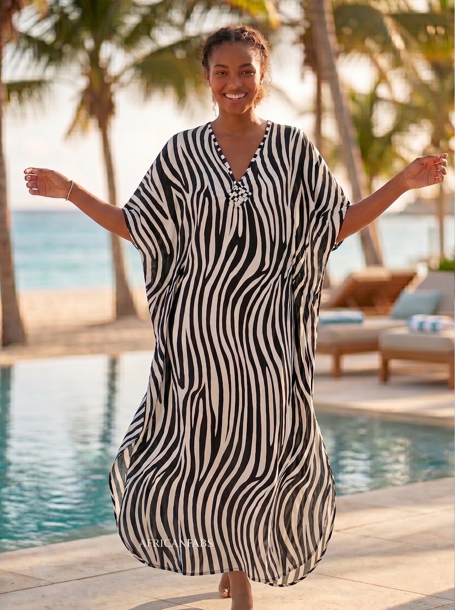 Boho rayon kaftan jurk - Zwart Wit Zebra Flow - Strand Cover Up Caftan Maxi Jurk