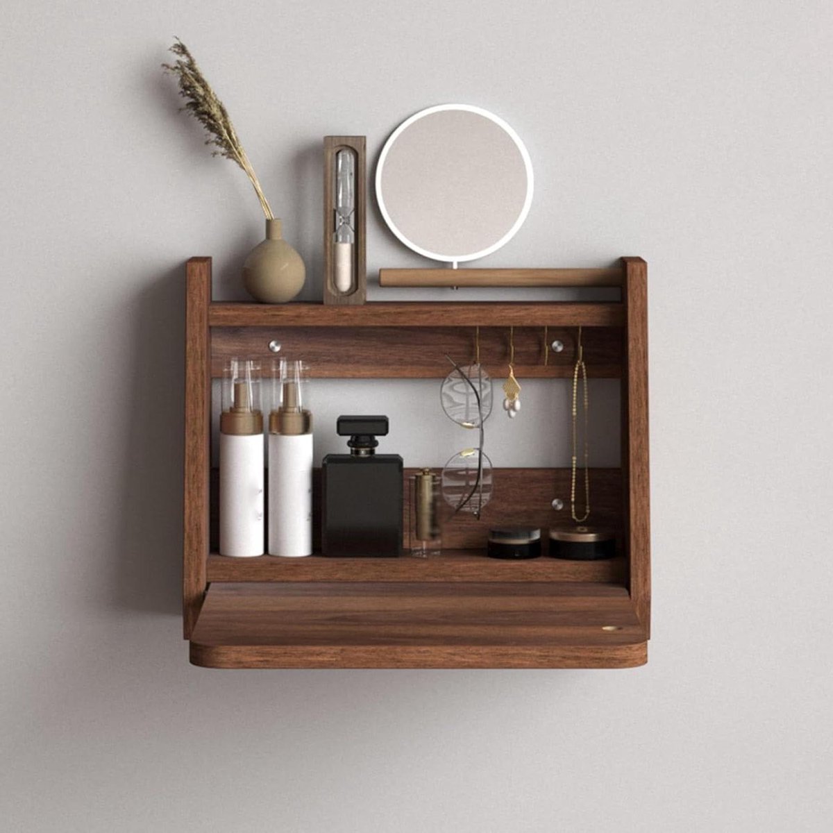 Zwevende Wandplank - Kaptafel Organizer - Make-up Opbergen - Met Geïntegreerde Spiegel - 40 cm Breed - Bruin