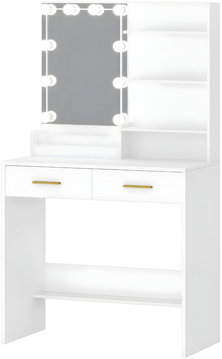 Happiq Kaptafel – Voor Slaapkamer – Dressing Table met Spiegel, LED-Verlichting, Dimbaar, 2 Lades, 4 Planken en 2 Open Vakken – Modern Design White