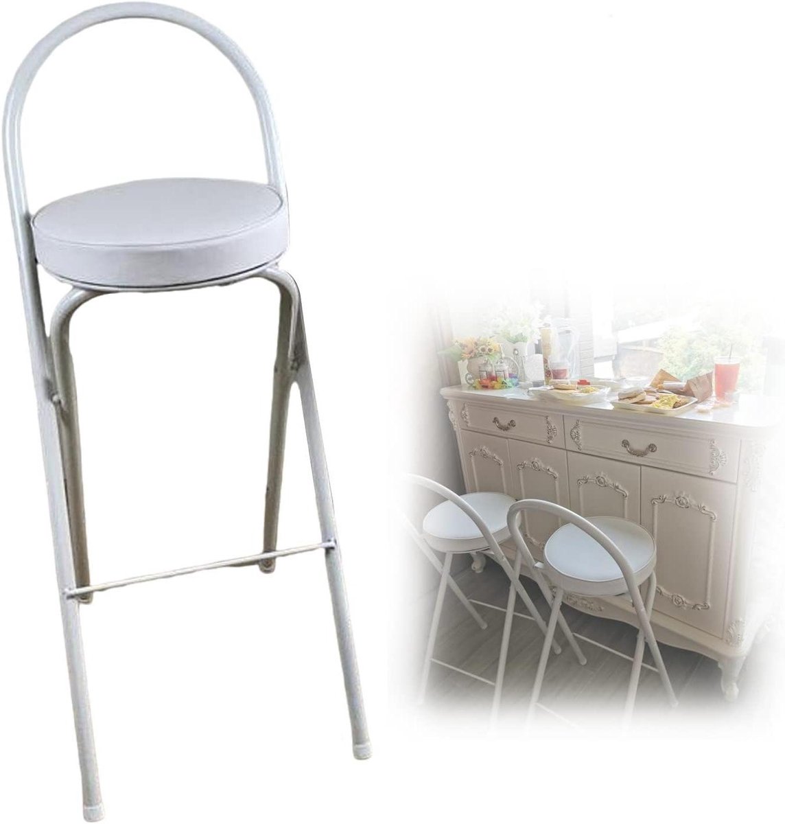 Inklapbare barkruk - Hoge stoel - Ontbijt keuken - Met rugleuning - 65cm - Wit