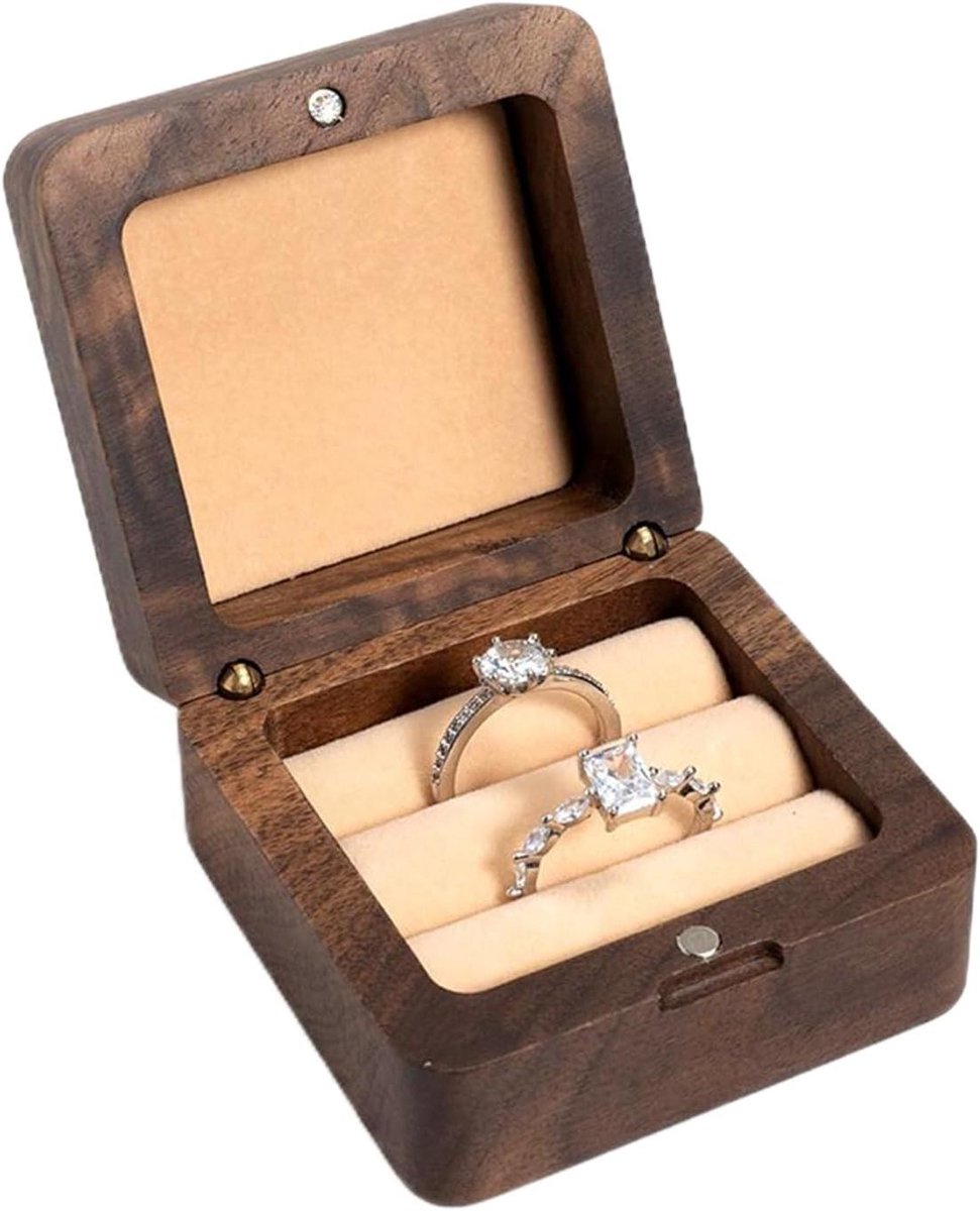 Ringendoos Hout - Juwelendoosje Opslag - Cadeau Presentatie - Dubbele Vakken - 6x6x6 cm - Natuurlijk Hout
