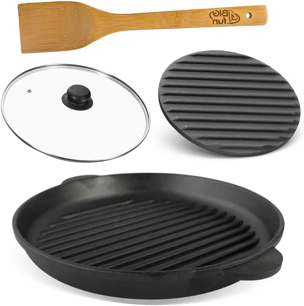 Gietijzeren Grillpan Koekenpan Stoofpan Vlees Braden Natuurlijke Patina Ø 28 cm Zwart