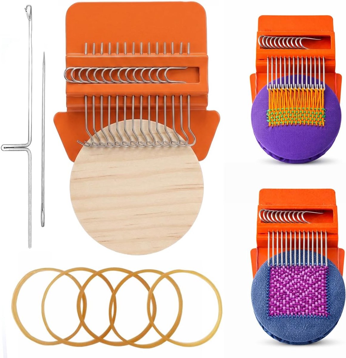 Miniatuurweefgetouw, snelweefgetouw voor reparaties, houten miniweefgetouw voor zichtbare reparatie van jeans, sokken, kleding en doe-het-zelf textielreparaties, decoratief naaigereedschap (14 haken, oranje)