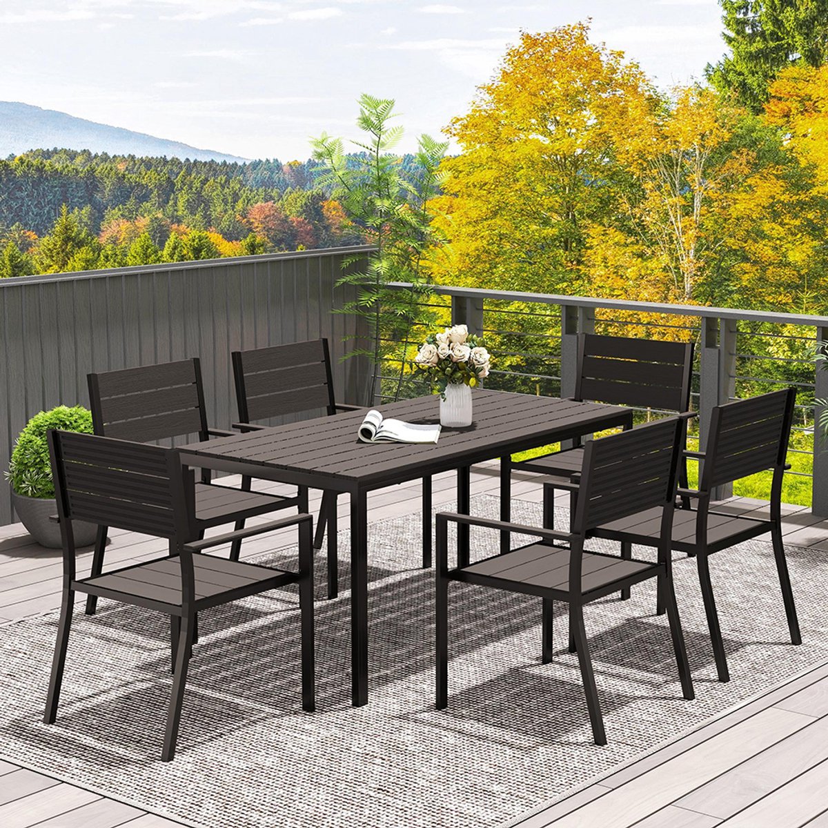 YEHTOKHOME 7-delige zitgroep, Tuinset voor 6 personen, Eettafel met 6 stapelbare stoelen, Weerbestendig Tuinmeubels voor terras en balkon, Donkerbruin