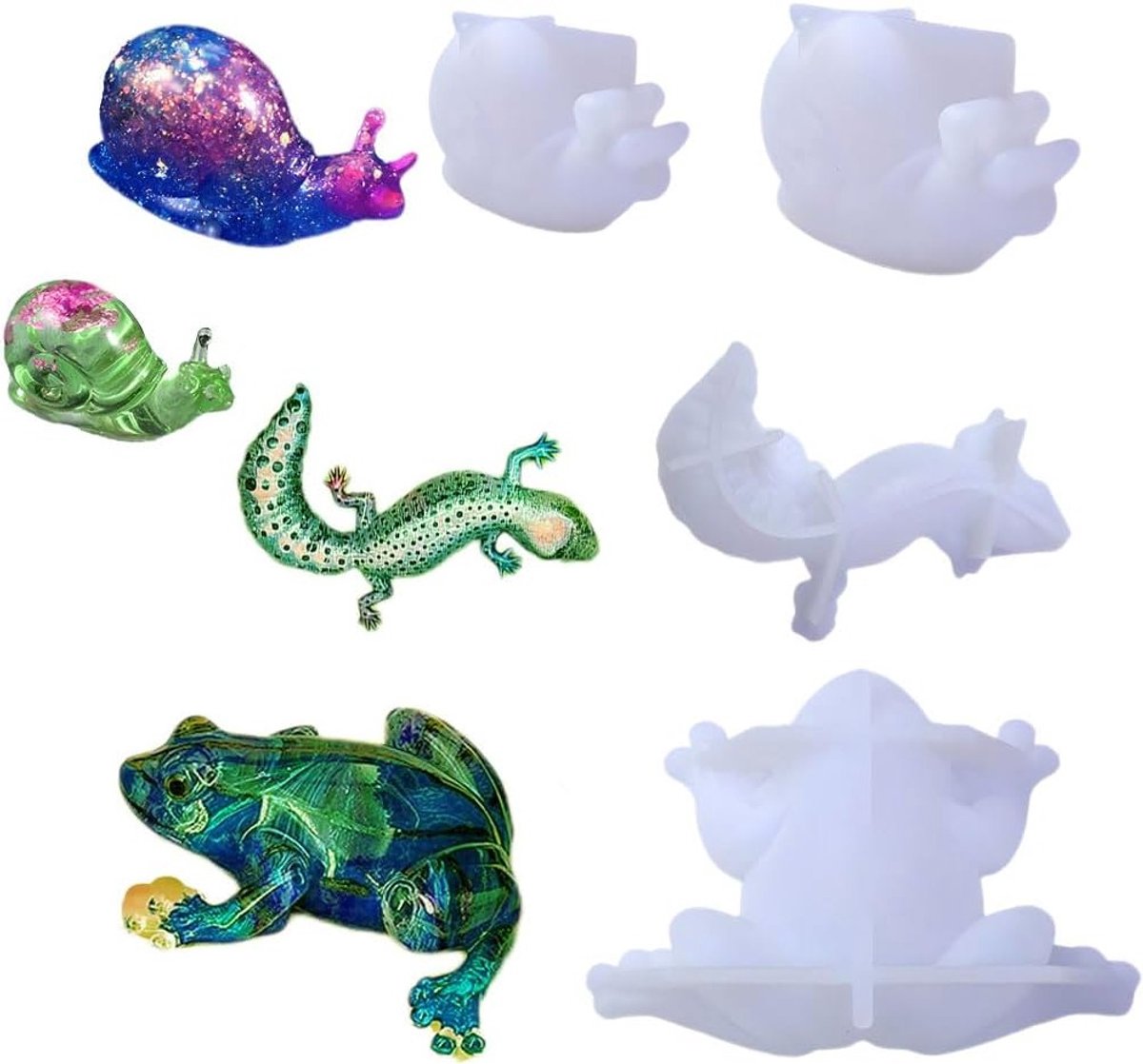 4 Stuks Dieren Silicoon Mallen voor Epoxy Gietwerk - Kikker, Slak en Hagedis Mallen voor Tuinversiering en Bureau Ornamenten