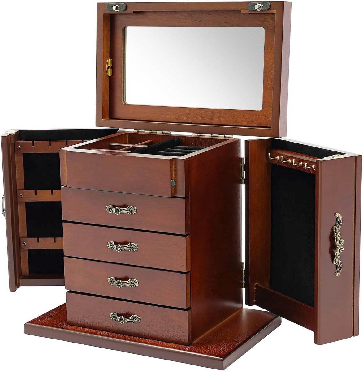 Sieradenbox van Hout, 25 x 15 x 24 cm, Organiser met 4 Laden voor Kettingen, Armbanden en Oorbellen