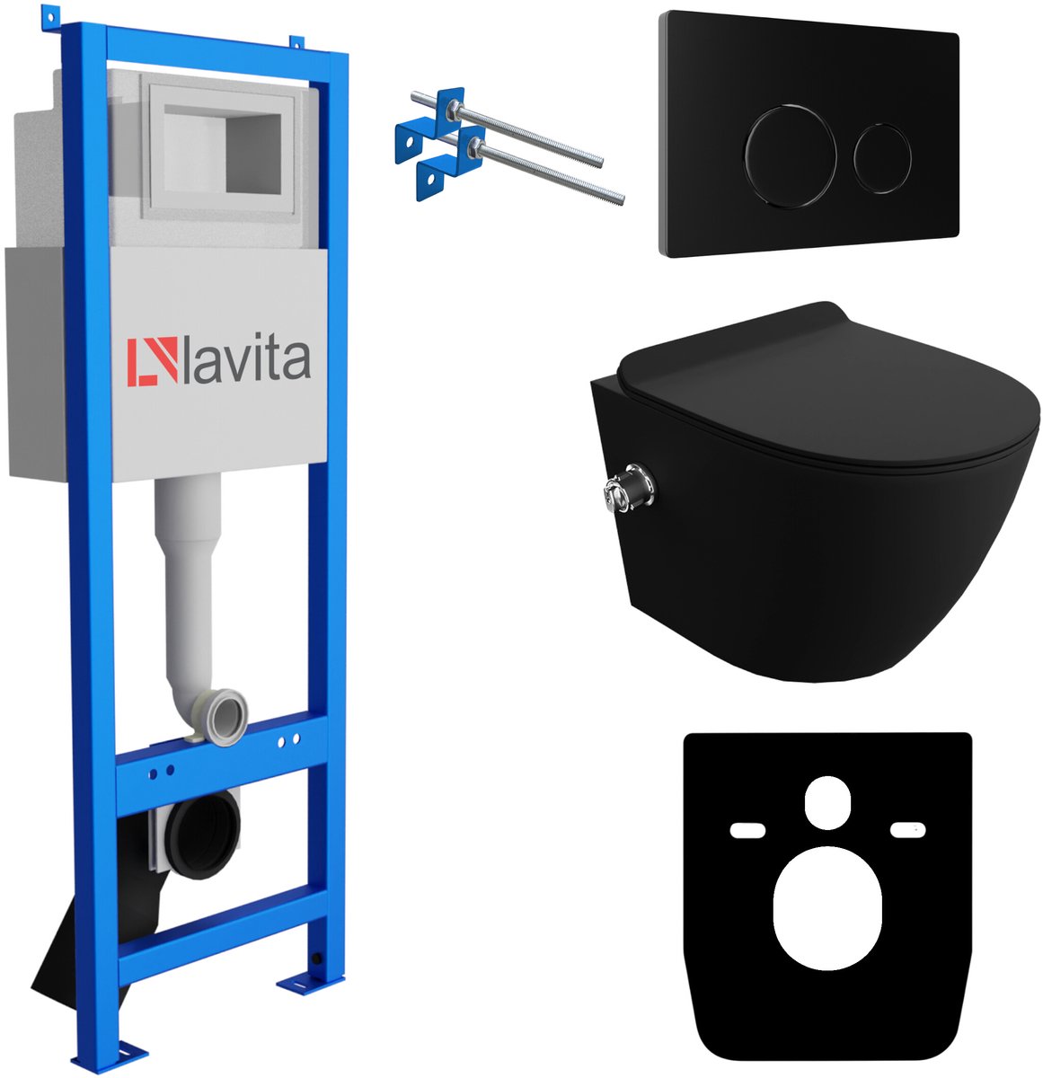 LAVITA® Inbouwreservoir Complete Toiletset LAV 101 - Inbouw WC Hangtoilet Wandcloset SALTO BLACK Zwart Mat - Bedieningsplaat 200.4.4 Zwart - Voorwandelement voor toilet 40cm - Installatiesysteem
