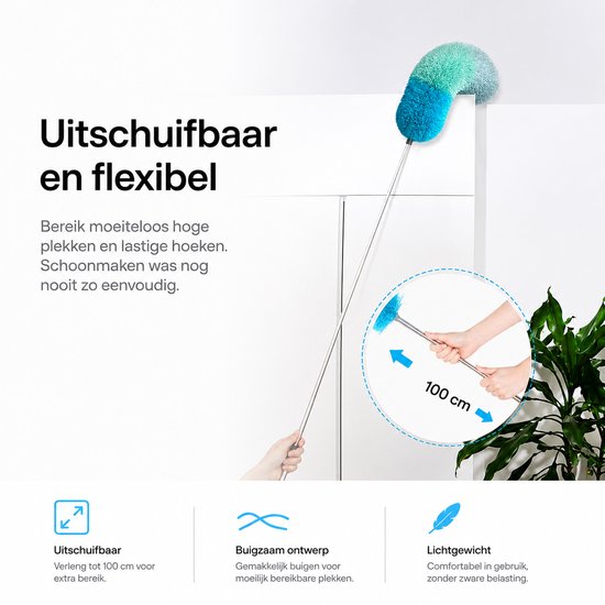 Uitschuifbare en flexibele plumeau die een hoek van 100 cm bereikt om hoge plekken schoon te maken.