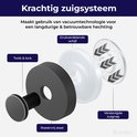 Explosietekening van een zwarte haak die laat zien hoe het vacuümsysteem werkt. Onderdelen: Roestvrij staal, drukverdelende schijf, verstevigde zuignap, twist & lock.
