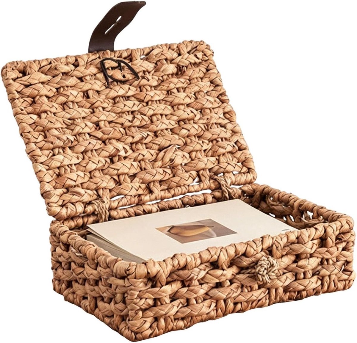 Opbergmand met Deksel - Waterhyacint Mand - Ruimte Opbergen - Handgeweven Natuurlijk Materiaal - 23 x 12.5 cm - Natuurlijk