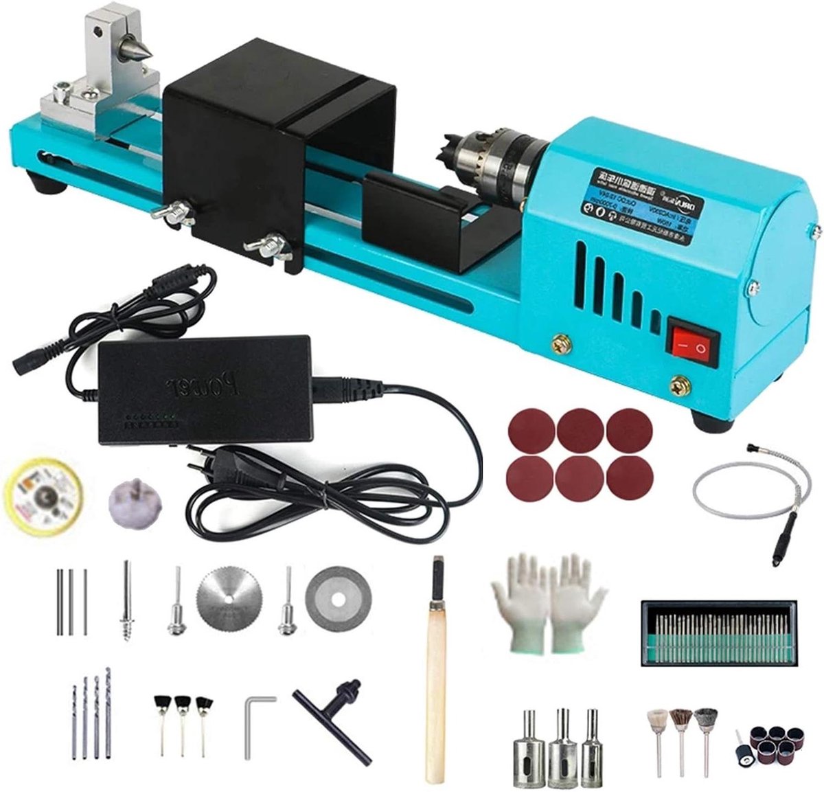 Mini draaibank polijstmachine - Kralen slijper - Hout graveren slijpen - Hoge precisie boorkop - 150W motor - Blauw