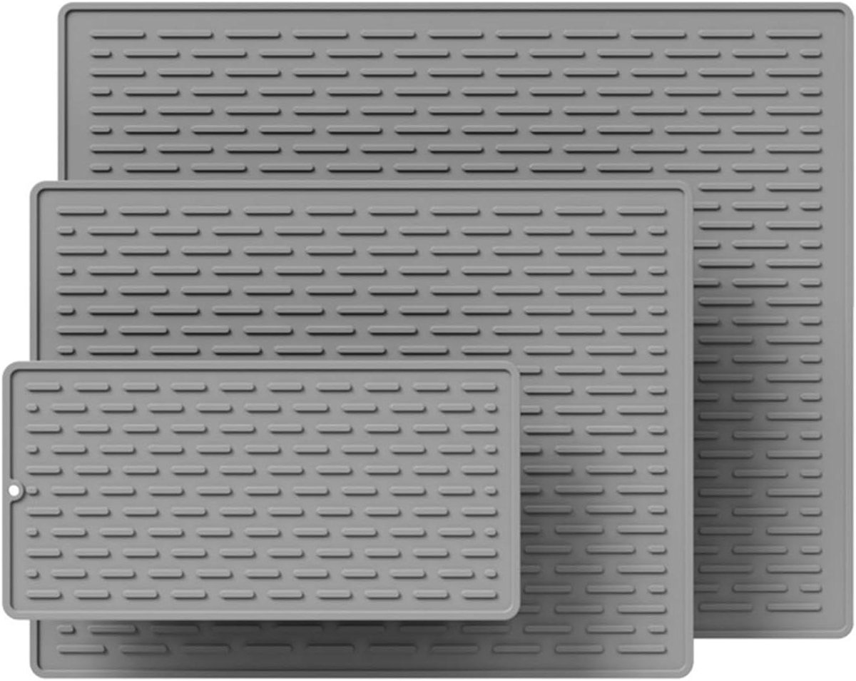 Set Afdruipmatten - Keukenmatten - Servies Drogen - Voedselveilige Siliconen - 3 Maten - Grijs