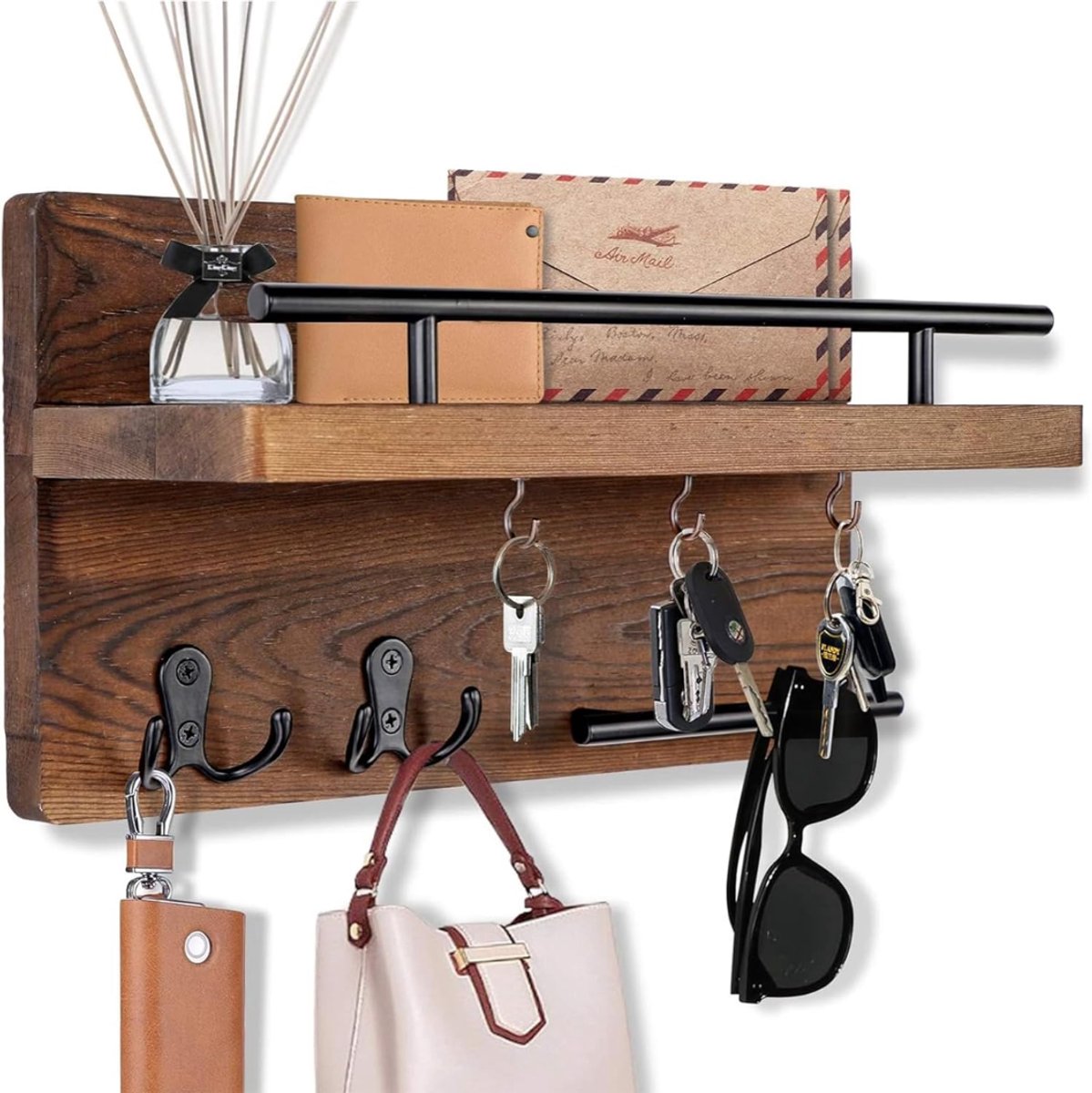 HEZIVO® Sleutelrekje - Sleutelbakje - Sleutelbord - Wandrek - Met Opbergplank - Hout